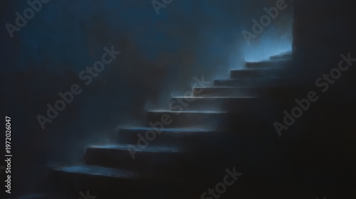 Mysterious Stairs Leading to the Unknown, A Dimly Lit Pathway in Shadows and Light