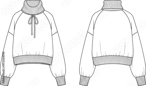 Women's oversized cropped raglan sweatshirt technical fashion flat sketch with ribbed turtleneck drawstring collar and long sleeves vector illustration