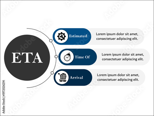 ETA - Estimated Time Of Arrival acronym. Infographic template with icons and description placeholder