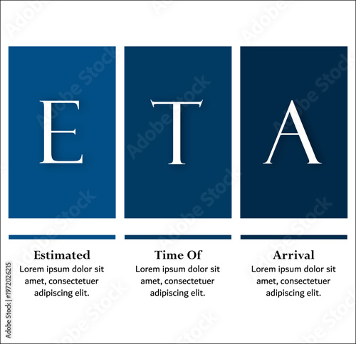 ETA - Estimated Time Of Arrival acronym. Infographic template with icons and description placeholder
