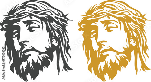 Jesus Christ portrait icon set with crown of thorns and Christian symbols including cross and crucifix on white background, ideal for religious and spiritual designs.