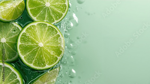 Fresh lime slices in water with bubbles on green background
