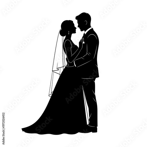 A romantic silhouette of a bride and groom about to share a kiss on their wedding day