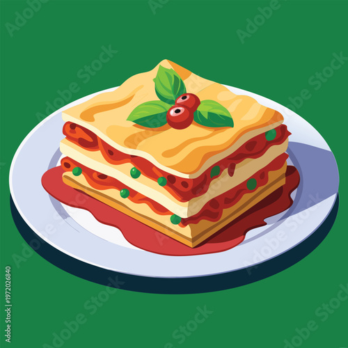 Delicious lasagna dish on a plate. perfect for food advertising or vibrant menu design.