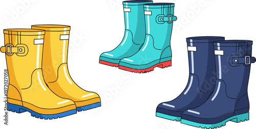 Colorful Rubber Boots Icon Set Featuring Yellow, Blue, and Teal Wellies for Rainy Weather, Outdoor, and Footwear Design Projects