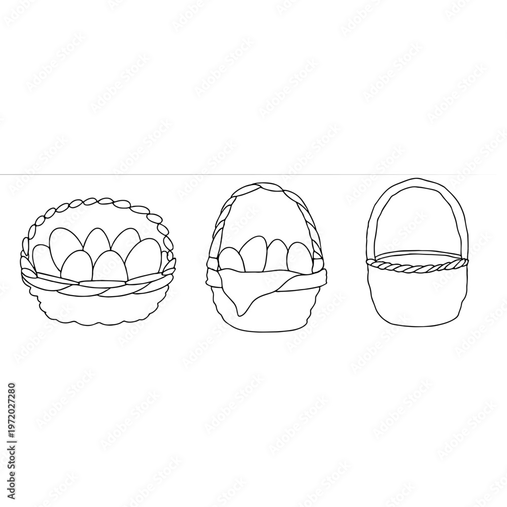 Fototapeta premium Simple Easter basket set hand drawn black outline baskets with eggs SVG