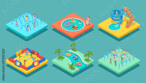 Isometric Vector Set of Summer Fun, Water Park Attractions, Outdoor Playgrounds, and Kids' Leisure Activities