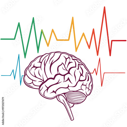 Minimalist brain diagram with multiple pulse wave lines in various colors illustrating diverse neural activity and biological signal monitoring art.