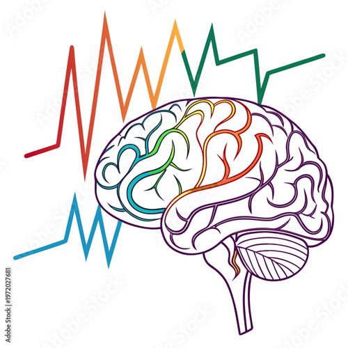 Neuroscience brain illustration with sharp pulse waves and rainbow gradient lines showing cognitive processing and mental stimulation conceptual art.