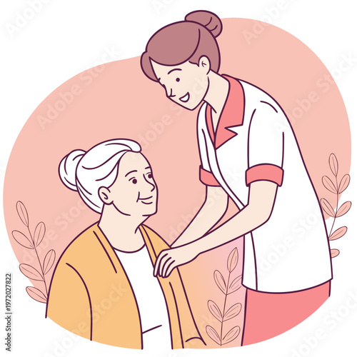 Young woman nurse in white uniform assisting elderly lady with warm orange cardigan providing personalized home care and medical support services.