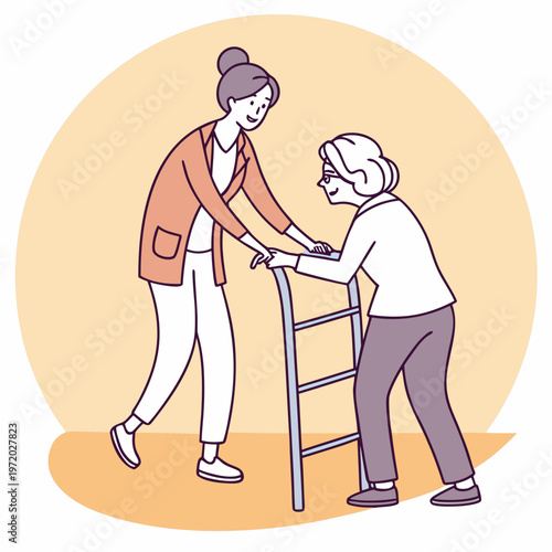 Young female caregiver helping senior woman walk with metal frame walker while smiling in nursing home environment supporting elderly health concept.