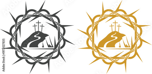 Jesus Christ portrait icon set with crown of thorns and Christian symbols including cross and crucifix on white background, ideal for religious and spiritual designs.