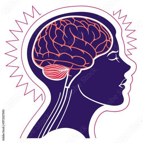 Silhouette of a person experiencing a headache or migraine, with visible brain and cerebellum, indicating pain or stress.