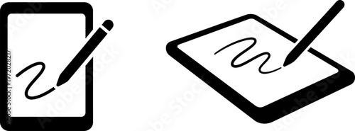 Black and white icon set representing digital drawing on a vertical and horizontal tablet device