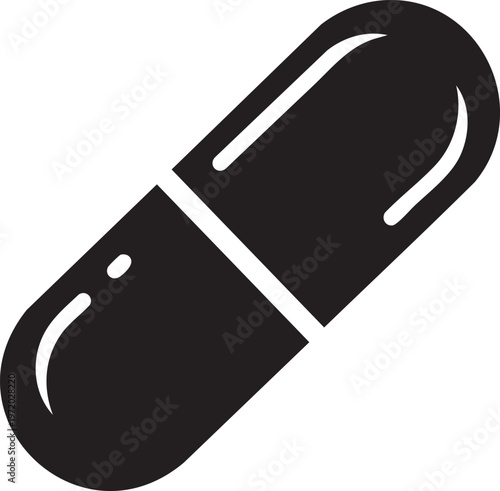 Black capsule icon, medicine pill symbol, pharmaceutical capsule, health supplement