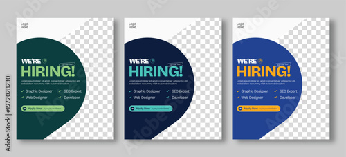 We are hiring job poster, social media post, professional recruitment flyer for graphic designer and SEO expert positions, corporate hiring template
