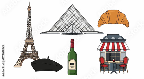 France travel vector illustration set highlighting iconic Parisian landmarks, traditional cuisine, and cultural symbols, ideal for tourism promotions