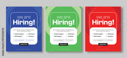 We are hiring job social media post template, recruitment flyer for graphic designer, SEO Expert positions, corporate hiring advertisement vector design