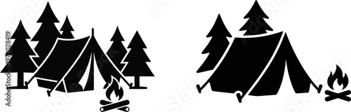 A pair of simple black and white vector silhouette icons depicting camping tents and a campfire.