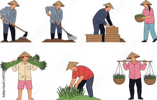 Vector Illustration of Farmers Working in Fields, Harvesting, and Carrying Crops, Representing Agricultural Labor and Rural Life