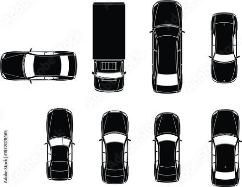 Car top view silhouettes vector set, various vehicle models including sedan and truck, transport design elements isolated on clean background