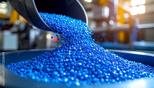 Blue pellets pour from metal scoop into dark container, with blurry machine background