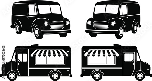 Food truck and delivery van silhouettes vector set, vintage mobile shop vehicles collection, street food transport design isolated on clean background