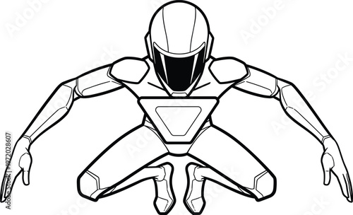 Futuristic humanoid robot line art illustration featuring advanced armor suit, sci fi technology character in dynamic pose isolated for design