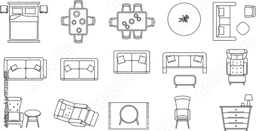 Furniture top view set, living room and bedroom layout elements, sofa bed table chair icons, interior design vector collection isolated