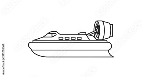 Outline drawing of a hovercraft, showing cabin, fan, and skirt