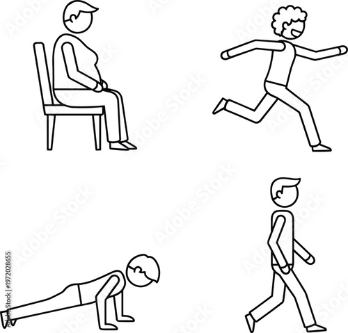 Human activity line icons set showing sitting, running, walking and push up poses, minimalist people vector illustration isolated on white
