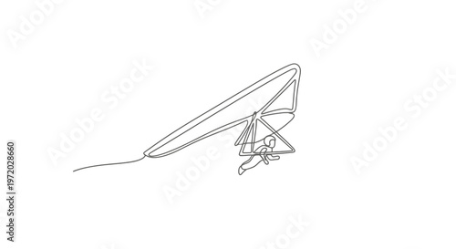 Line drawing of a hang glider, depicted in mid-flight with a pilot