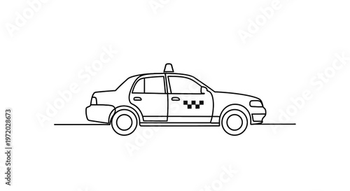 A side view black and white line drawing of a taxi car