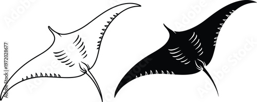 Manta ray silhouette and line art illustration representing marine wildlife, ocean life, and aquatic animal design isolated on white background