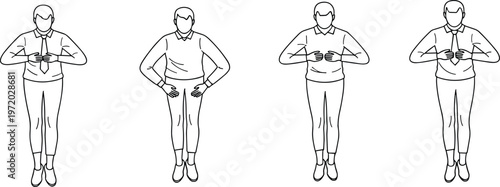 Man adjusting shirt outline set, front view male character poses isolated, dressing and clothing gesture illustration for fashion and lifestyle design