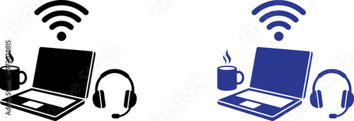 Two identical laptop computer workstation icons showcasing remote work and digital connectivity tools.