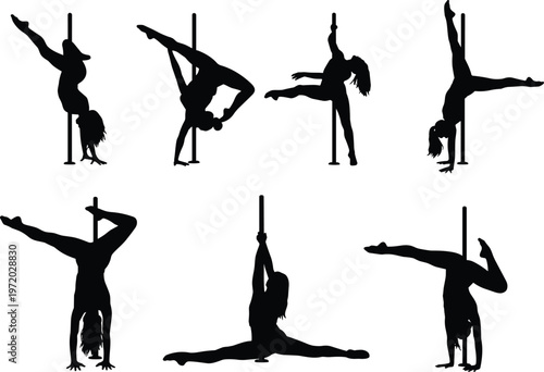 Pole dance silhouettes vector set featuring female dancers performing acrobatic poses, fitness and performance art isolated for sport design use