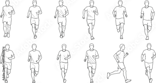 Foto Running man line art set, multiple jogging poses collection in black and white o