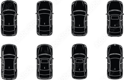 Set of car top view silhouettes vector collection featuring multiple vehicle angles, transport icons isolated for automotive design and mapping use