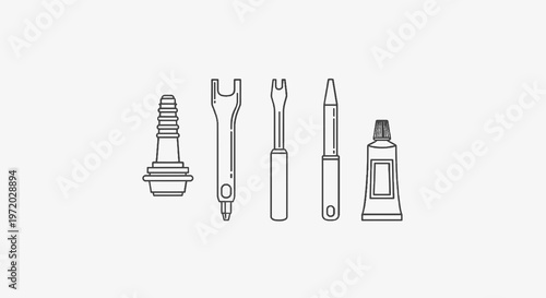 Line-art depiction of plumbing tools and supplies arranged on a white background
