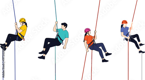 Vector Illustration of People Climbing Ropes, Representing Rock Climbing, Adventure, and Outdoor Sports