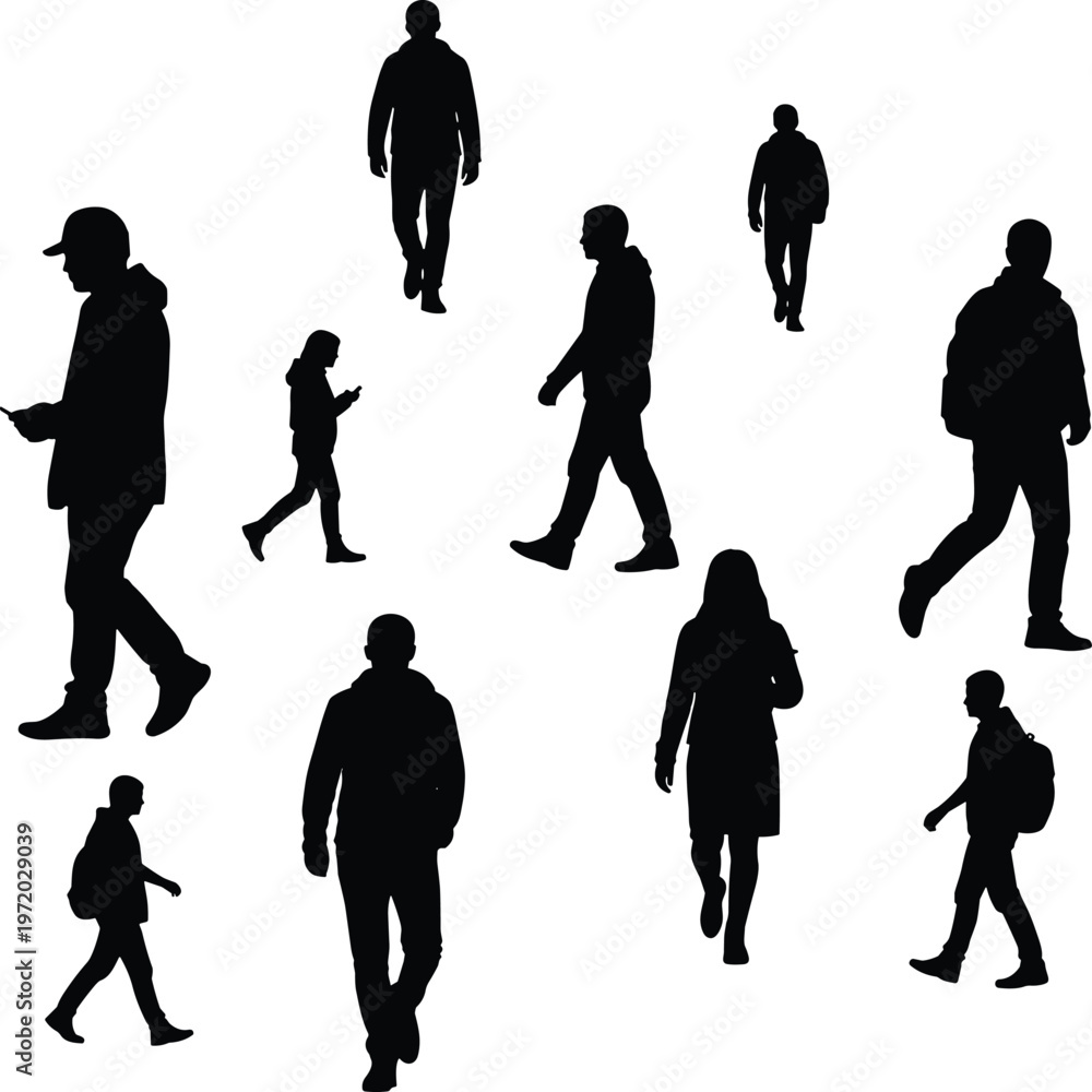 Fototapeta premium Silhouettes of nine people walking in different directions with backpacks, hats and mobile devices, showcasing diverse posture