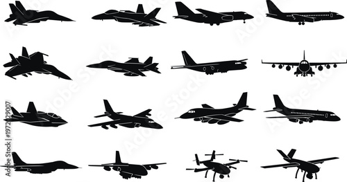 Silhouettes of diverse aircraft including fighter jets, bombers, drones, and commercial airplanes arranged in rows for aviation comparison