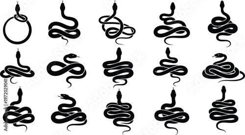 Snake silhouette set with coiled serpent poses, black and white vector collection for wildlife, tattoo and design use