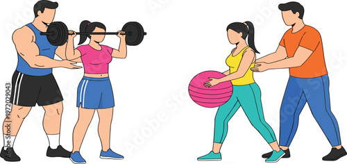 Vector Illustration of People Working Out with Weights and Exercise Balls, Representing Fitness, Strength Training, and Physical Wellness