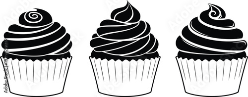 Stylized black‑and‑white illustrations of three cupcakes with decorative frosting swirls in simple outline design