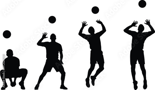Volleyball player silhouettes showing passing and setting ball actions isolated on white background representing sport, teamwork, motion and athletic performance