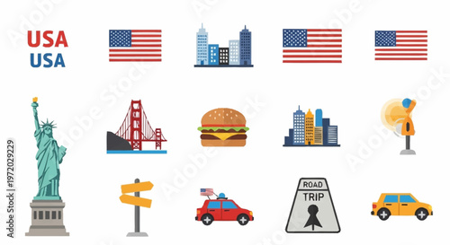 Vibrant USA travel vector set featuring iconic American landmarks, diverse cityscapes, and adventure-ready road trip elements, ideal for various design projects and tourism materials