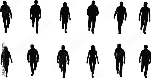 Walking people silhouettes vector set, diverse human figures front view, pedestrian crowd collection for urban lifestyle design isolated background