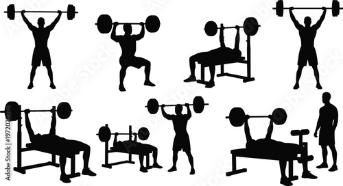 Weightlifting exercise silhouettes set featuring bench press, overhead barbell lift, strength training workout poses isolated on white background vector illustration